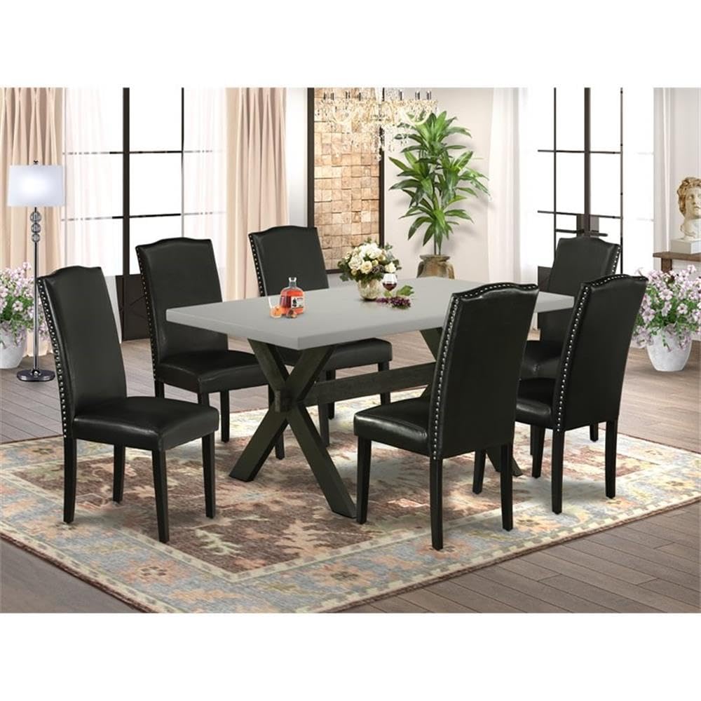 East West Furniture X696En169-7 7 Piece Dining Set Consist Of A Rectangle Dining Room Table With X-Legs And 6 Black Faux Leather Upholstered Parson Chairs, 36X60 Inch, Multi-Color